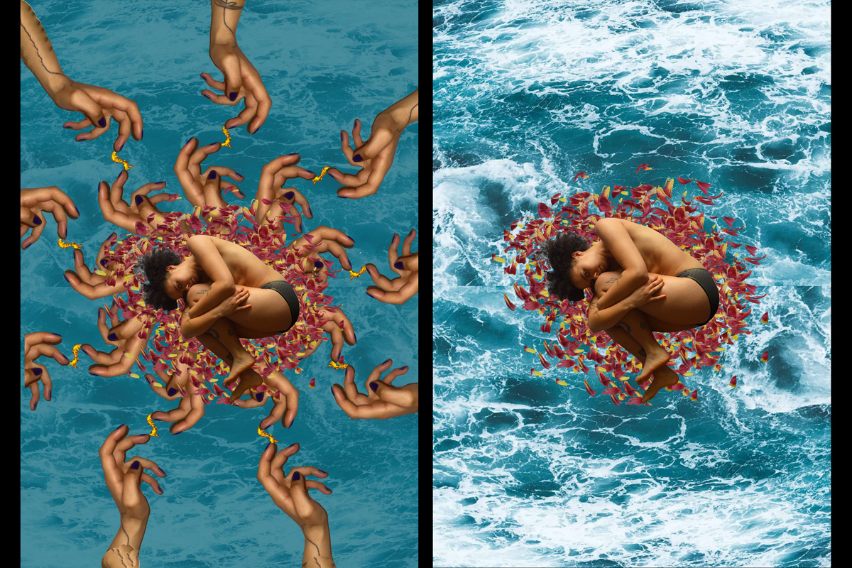 two photo collages of bodies in water