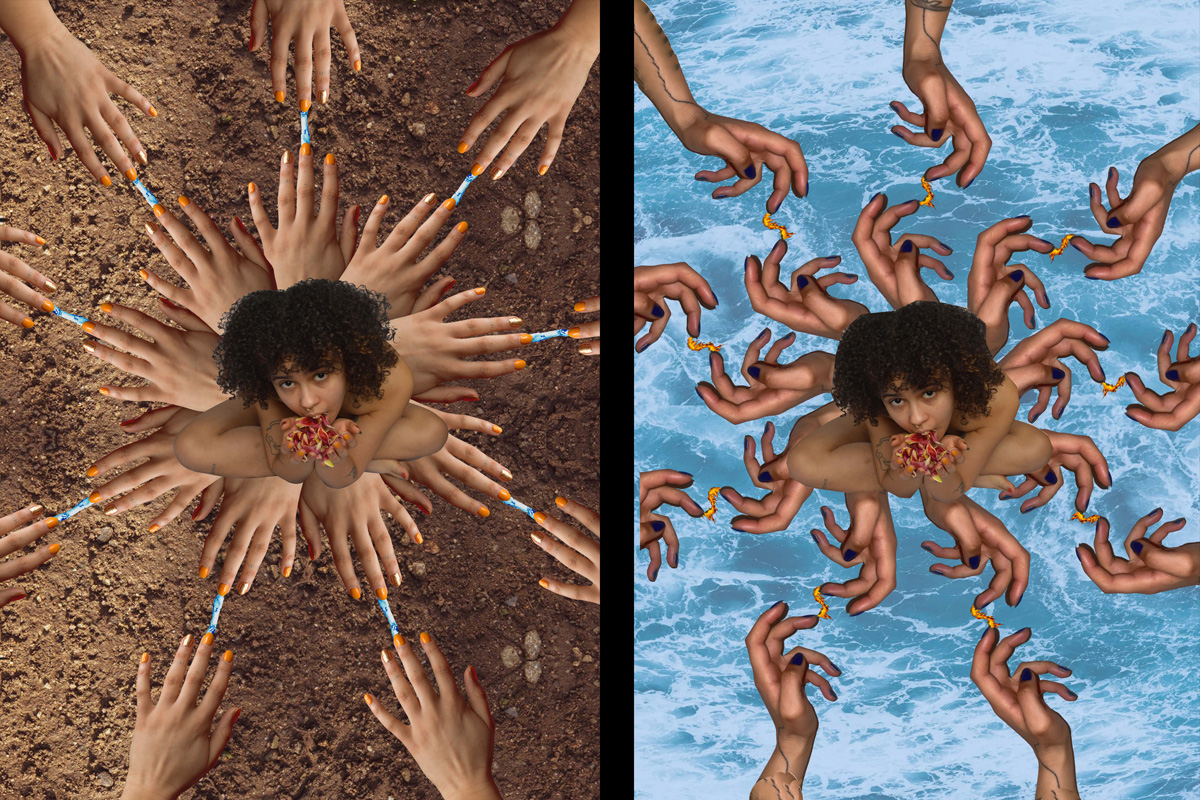 two photo collges of bodies and hands