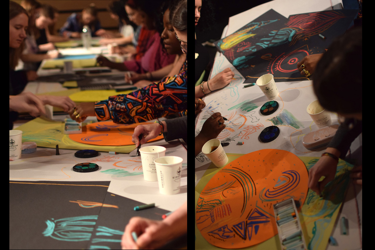 two images of a collective drawing workshop