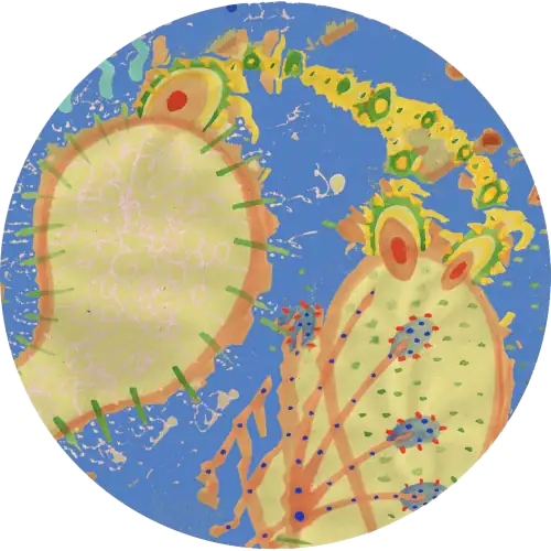 round blue button with abstract yellow and brown painted shapes