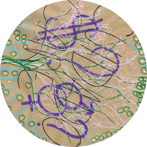 round gold button with purple symbols and sketch marks