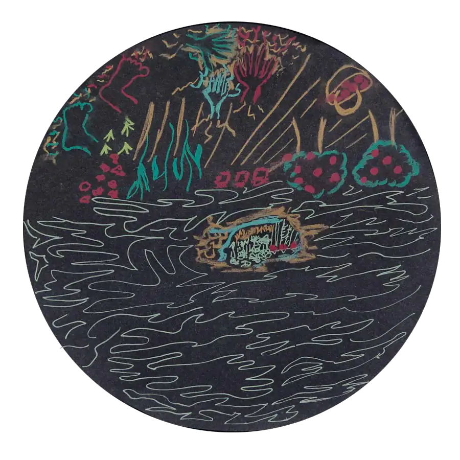Circular drawing in colour on black paper
